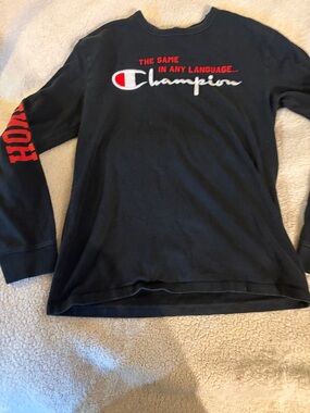 Champion Black Long Sleeve Shirt with Red and White Logo